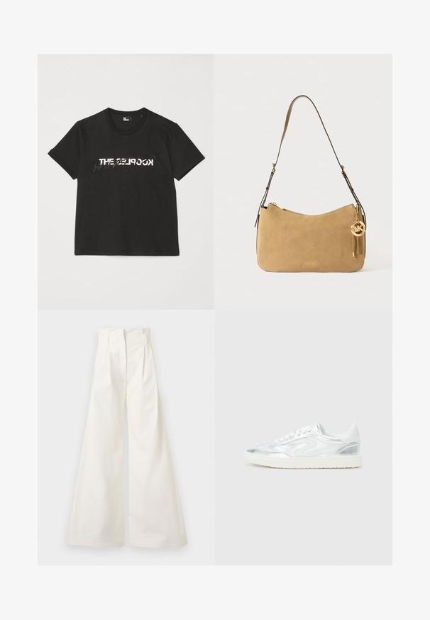 Schwarzes Baumwoll-T-Shirt mit kurzen Ärmeln, das ein gedrucktes weißes und graues "THE 2LOOK"-Design auf der Vorderseite zeigt. Klassischer Rundhalsausschnitt.; Weiße weit geschnittene Hose aus Baumwolle mit hoher Taille, Falten an der Vorderseite und einem klaren Design ohne Taschen.; Weiße Sneaker mit metallic-silbernen Akzenten, glatter Textur, runder Zehenpartie, flacher Sohle und traditionellem Schnürdesign.; Beige Wildleder-Umhängetasche mit geschwungener Form, goldener Hardware und Reißverschluss. Verfügt über einen angehängten Charm mit den Initialen "MK."