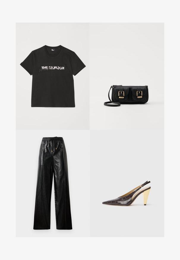 Tricou din bumbac negru, cu mâneci scurte, având un design imprimat alb și gri "THE 2LOOK" pe partea din față. Guler clasic rotund.; Pantaloni largi din piele neagră, cu talie elastică, șnur și accente de hardware aurie. Textură netedă și croială lejeră.; Pantofii cu vârf ascuțit, tip slingback, din piele sintetică lucioasă de crocodil maro închis. Include un toc geometric în nuanță de aur și o curea de gleznă ajustabilă.; Geantă neagră din piele, tip crossbody, cu două buzunare frontale, catarame aurii, închidere cu fermoar și o curea subțire. Suprafață texturată și formă rectangulară compactă.