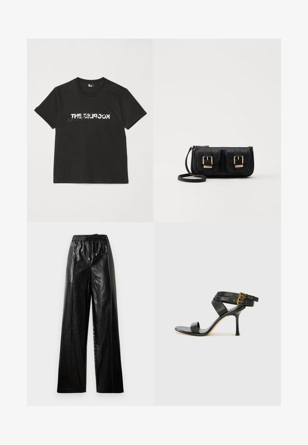 T-shirt de algodão preto com mangas curtas, apresentando um design impresso em branco e cinza "THE 2LOOK" na parte da frente. Gola redonda clássica.; Calças largas de couro preto com cintura elástica, cordão e detalhes em metal dourado. Textura suave e corte solto.; Sandal preto de salto alto com tiras cruzadas e fivela ajustável. Apresenta uma textura suave e um salto agulha afilado.; Bolsa de ombro em couro preto com dois bolsos frontais, fivelas douradas, fecho de zíper e uma alça fina. Superfície texturizada e forma retangular compacta.