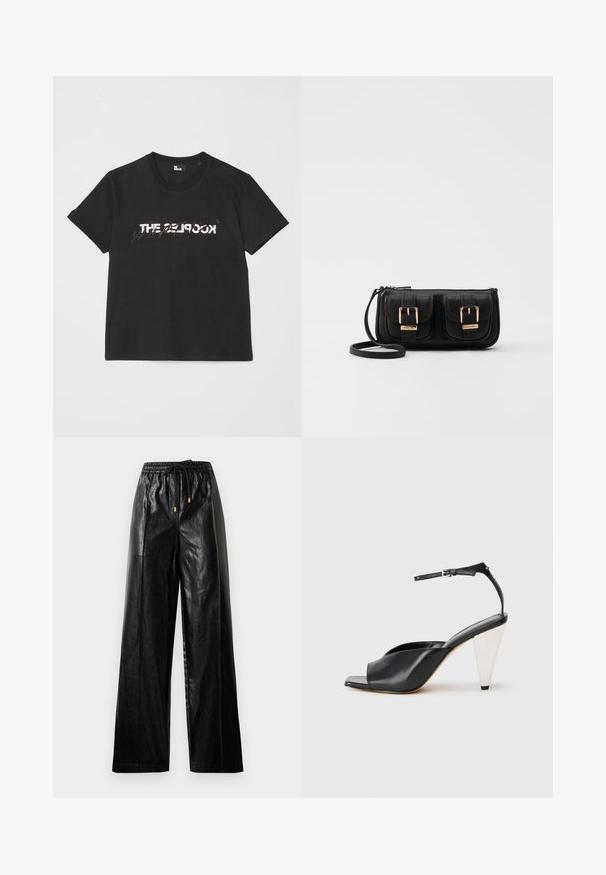 T-shirt di cotone nera con maniche corte, caratterizzata da una stampa bianca e grigia "THE 2LOOK" sul davanti. Collo girocollo classico.; Pantaloni ampi in pelle nera con cintura elastica, cordoncino e accenti in metallo dorato. Texture liscia e vestibilità ampia.; Sandal con tacco alto in pelle nera, con punta aperta, design asimmetrico, cinturino alla caviglia e tacco metallico a forma di cono. Texture liscia.; Borsa a tracolla nera in pelle con due tasche frontali, fibbie dorate, chiusura con zip e una tracolla sottile. Superficie texturizzata e forma rettangolare compatta.