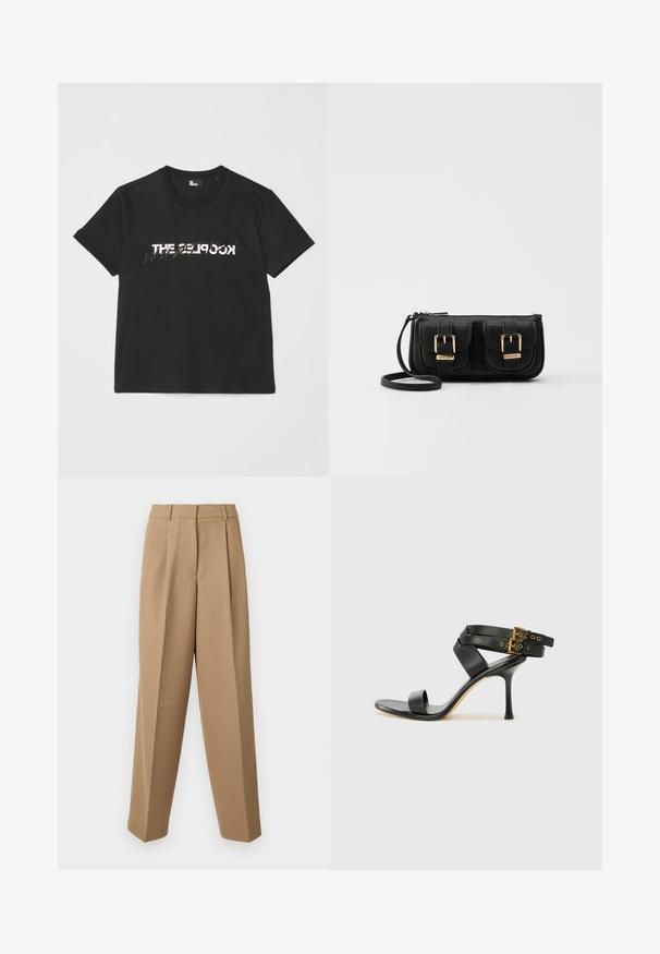 Svart bomull t-skjorte med kortermet design, som har et trykt hvitt og grått "THE 2LOOK"-motiv på forsiden. Klassisk rund hals.; Beige skræddersyede bukser med høj talje, plisseret front og brede ben. Stof virker glat med en let glans.; Svarte hælsandaler med kryssende stropper og justerbar spenne. Har en jevn tekstur og avsmalnende stilettoklakk.; Svart skinn crossbody veske med to frontlommer, gyldne spenner, glidelåslukking og en slank stropp. Teksturert overflate og kompakt rektangulær form.