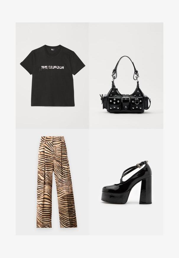 Zwarte katoenen t-shirt met korte mouwen, met een bedrukte witte en grijze "THE 2LOOK"-ontwerp over de voorkant. Klassieke ronde hals.; Wijdvallende broeken in een beige en bruine zebra-streep patroon, met plooien, een hoge taille en een gladde, glanzende textuur.; The Kooples CHAUSSURES - Hoge hakken - black; Zwarte lederen handtas met een gebogen ontwerp, voorzien van zilveren studs, een gesp en twee zijvakken. Verstelbare schouderband voor verschillende draagmogelijkheden.