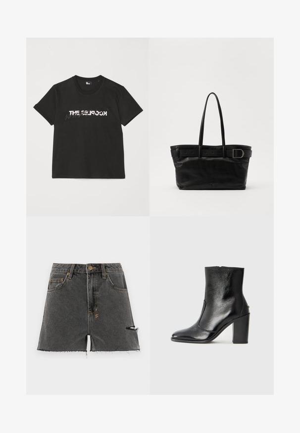 T-shirt de algodão preto com mangas curtas, apresentando um design impresso em branco e cinza "THE 2LOOK" na parte da frente. Gola redonda clássica.; Calções de ganga em cinza escuro com bainha desfiada, detalhes desgastados e costura amarela em contraste. Apresenta bolsos tradicionais e um botão na frente.; Bota ankle preta em pele com uma textura suave, bico fino e um salto alto robusto. Apresenta uma abertura lateral e um design minimalista.; Bolsa tote preta de couro com duas alças longas, uma textura suave e uma alça larga com um detalhe de fivela no topo.