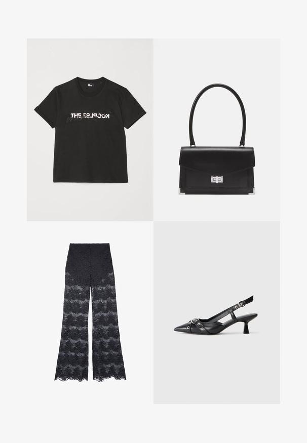 T-shirt en coton noir à manches courtes, avec un motif imprimé blanc et gris "THE 2LOOK" sur le devant. Encolure ras du cou classique.; Pantalons larges en dentelle noire avec un design à motifs floraux et des bords ondulés, offrant une texture transparente tout au long.; Chaussure slingback en cuir noir avec un bout pointu, des sangles décoratives avec œillets en métal et un petit talon carré. Surface texturée.; Sac à main en cuir noir au design structuré, avec une poignée supérieure et un fermoir en argent. Présente des accents aux coins et une texture lisse.