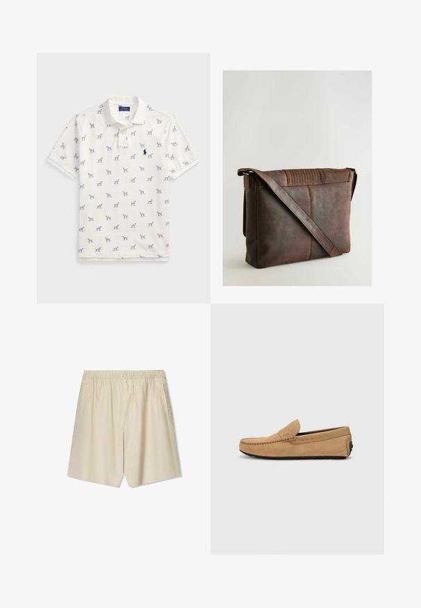 Fehér póló, pamutból készült, ismétlődő kék kutyás mintával és egy kis kék logóval a mellkason. Rövid ujjak és gallér.; Beige színű, könnyű anyagból készült rövidnadrág, rugalmas derékkal, két oldalsó zsebbel és laza szabású kivitelben.; Beige színű nubuk mokaszin cipő, varrott orral, slip-on kialakítással és fekete gumitalppal. Diszkrét logó található az oldalon.; Barna bőr aktatáska texturált fedéllel, hosszú állítható pánttal és látható varrási részletekkel. Simított, matt felület.