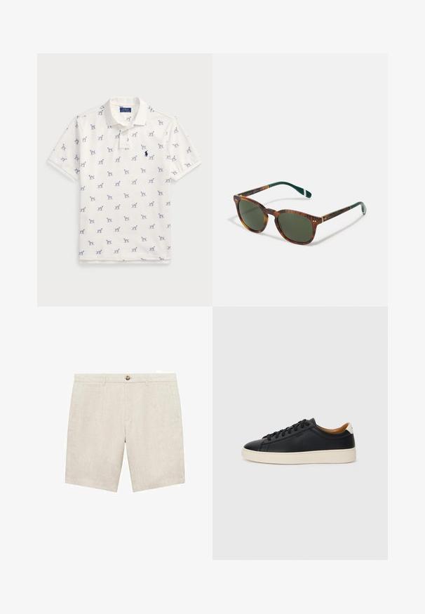 Biała koszulka polo z bawełny, z powtarzającym się niebieskim wzorem psów i małym niebieskim logo na piersi. Krótkie rękawy i kołnierzyk.; Jasno beżowe lniane szorty z zapięciem na guzik, dwoma bocznymi kieszeniami oraz gładką teksturą. Długość nogawki jest powyżej kolana.; Czarne skórzane trampki o gładkiej fakturze, jasnobrązowa gumowa podeszwa, sznurowana konstrukcja i kontrastujący akcent na pięcie.; Okulary przeciwsłoneczne w stylu żółwim z zielonymi soczewkami, w zaokrąglonym kształcie, z złotymi akcentami i ciemnozielonymi ramionami z białym paskiem.