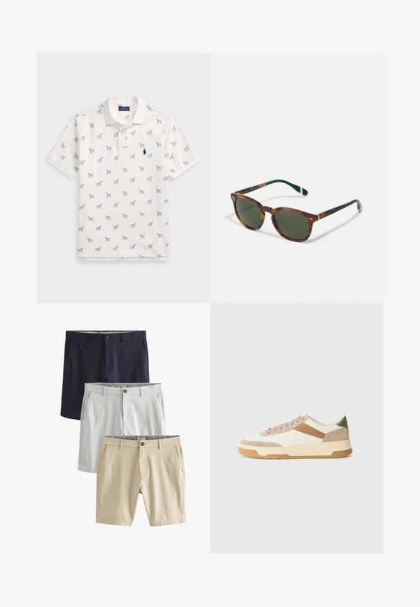 Polo bianco in cotone, con motivo a cani blu ripetuto e un piccolo logo blu sul petto. Maniche corte e colletto.; Tre paia di shorts: blu navy, grigio chiaro e beige, tutti realizzati in tessuto liscio, con tasche frontali e chiusura a bottone.; Sneaker in beige, crema e verde oliva, con materiali in suede e pelle, punta rotonda, design minimalista e suola in gomma.; Occhiali da sole tartarugati con lenti verdi, forma rotonda, dettagli dorati e aste verde scuro con una striscia bianca.
