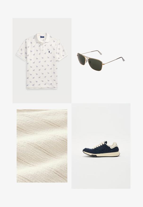 Tricou polo alb din bumbac, cu un model repetat de câini albaștri și un mic logo albastru pe piept. Mâneci scurte și guler.; Material texturat, de culoare albă murdară, cu un model subtil de valuri. Suprafața pare moale, având linii fine și inegale pentru un plus de profunzime.; Tenis navy blue cu un upper din suede texturat, șireturi crem și o talpă intermediară bej. Prezentă un design athletic clasic și talpă din cauciuc.; Ochelari de soare aviator din metal aurit, cu lentile mari de culoare verde închis, având un cadru subțire și pernițe nazale transparente pentru confort.