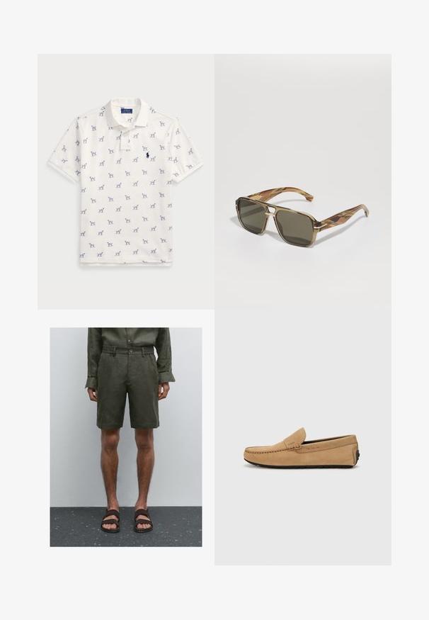 Weißes Polo-Shirt aus Baumwolle mit einem wiederholten blauen Hundemuster und einem kleinen blauen Logo auf der Brust. Kurze Ärmel und Kragen.; Olivgrüne Leinen Shorts mit elastischem Bund und Knopfverschluss. Getragen mit dunkelbraunen Sandalen. Hintergrund ist einfach und neutral.; Beige Wildleder-Mokassinschuh mit gestickter Zehenpartie, im Slip-On-Design und schwarzer Gummisohle. Besitzt dezente Markenkennzeichnung an der Seite.; BOSS Sonnenbrille - brown