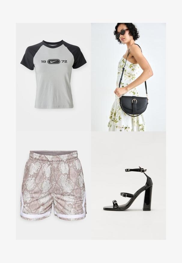 Pelēks un melns īsu piedurkņu T-krekls ar apaļu kakla izgriezumu, priekšpusē ar centrālu logo un melnu tekstu "1972".; Bēša un baltā krāsā ar čūsku ādas rakstu šorti, ar elastīgu jostu un baltām sānu akcijām. Gluda tekstūra, ikdienišķs dizains.; Melnas lakotas augstpapēžu čības ar kvadrāta purngalu, potīšu siksniņām un sudraba sprādzēm. Aprīkotas ar masīvu bloku papēdi stabilitātei.; Melnas ādas rokassoma ar izliekta formu, noņemamu siksnu un zelta aksesuāriem. Somai ir vāciņš ar sprādzes detaļu.