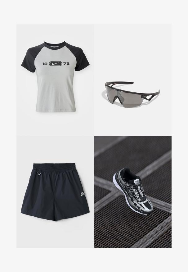 Grey and black short-sleeve t-shirt, featuring a round neckline, with a central logo and text "1972" in black on the front.; Lightweight navy blue shorts with an elastic waistband, side pockets, and a small triangular logo; smooth texture, minimalist design.; Nike running shoe featuring a black and silver color scheme, mesh upper, textured sole, and lacing system for secure fit.; Sport sunglasses with a black frame, gray lens, aerodynamic design, and angular shape; features accentuated temples and nose bridge.