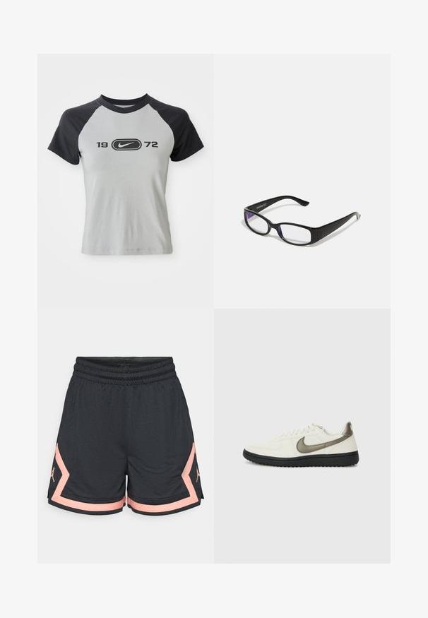 T-shirt de manga curta cinza e preta, com decote redondo, apresentando um logotipo central e o texto "1972" em preto na parte frontal.; Calções atléticos pretos com tecido texturizado, cintura elástica e detalhes em rosa. Apresenta um logótipo na lateral em rosa a condizer.; Nike Sportswear FIELD GENERAL - Sapatilhas - off-white/black; Óculos retangulares pretos com lentes transparentes. Acabamento brilhante, hastes estreitas e um tom roxo visível nas bordas das lentes.