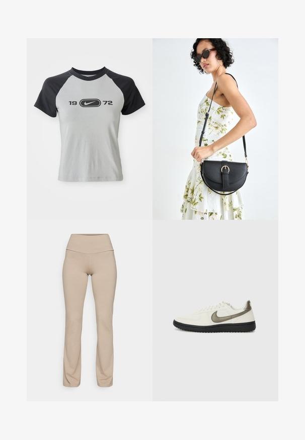 Pelēks un melns īsu piedurkņu T-krekls ar apaļu kakla izgriezumu, priekšpusē ar centrālu logo un melnu tekstu "1972".; Beige legingi ar augstu jostasvietu, izgatavoti no mīksta, elastīga auduma. Iezīmē gludu tekstūru un pieguļošu dizainu, kas virzās uz leju pie potītes.; Nike Sportswear FIELD GENERAL - Treniņu apavi - off-white/black; Melnas ādas rokassoma ar izliekta formu, noņemamu siksnu un zelta aksesuāriem. Somai ir vāciņš ar sprādzes detaļu.