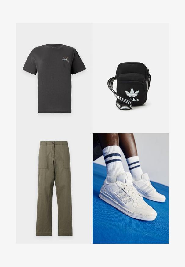 Pilkas medvilnės marškinėliai trumpomis rankovėmis. Su mažu daugiaspalviu išsiuvinėtu dizainu ant krūtinės, kuriame yra tekstas "Billing." Klasikinis fasonas.; Olive spalvos medvilniniai kelnių, tiesios kojos dizainas, du dideli šoninės kišenės ir mygtuko užsegimas juosmens srityje.; Baltos odinės sportbačiai su perforuotais akcentais, trimis metalinėmis juostelėmis ir tekstūruotu šoniniu skydeliu. Dėvimi su baltais kojiniais, turinčiais mėlynas juosteles.; Juodas audinio per petį nešiojamas krepšys su užtrauktuku, turintis baltą Adidas logotipą ir dryžuotą reguliuojamą diržą patogiam nešiojimui.