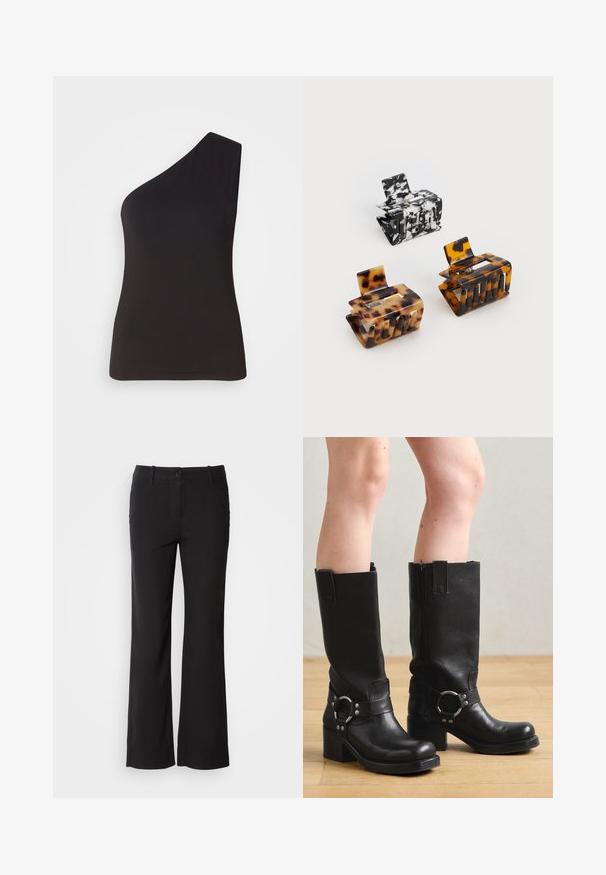 One-shoulder black top made of soft, stretchy material; fitted design with a sleek silhouette and smooth texture. No visible embellishments.; Black cotton blend trousers with a straight-leg design, front button closure, and two side pockets. Smooth texture, no visible patterns.; Jeffrey Campbell REFLECTION - Cowboy/Biker boots - black; Three hair clips: one black and white marbled, two tortoiseshell in brown and black hues, all made of glossy plastic with a textured finish.