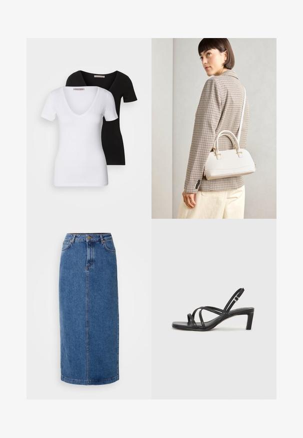 To v-hals t-skjorter i hvitt og svart, korte ermer, tettsittende design, laget av myk bomull, med synlig merkeetikett på halsen.; Denimskjørt, knelengde, blåfarge, rett snitt. Har frontlommer, beltehemper og kontrastsømmer på sømmene. Glatt tekstur.; Sorte sandaler med stropper, firkantet tå og lav blokk hæl. Har flere tynne stropper og en justerbar ankelstropp. Laget av glatt lær.; Hvit strukturert håndveske med korte håndtak og skulderreim, med detaljer i gullfinish og teksturert materiale, vist mot en grå bakgrunn.