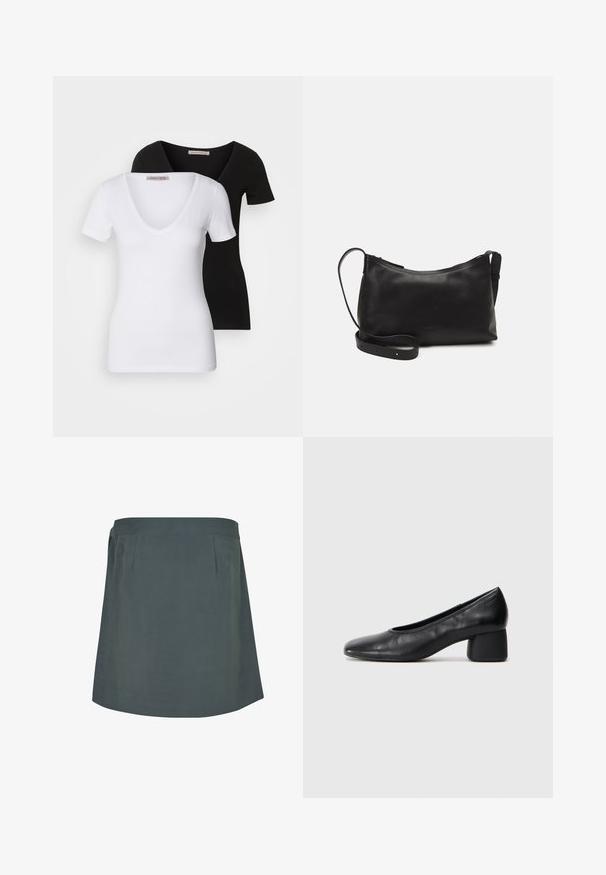 To v-hals t-skjorter i hvitt og svart, korte ermer, tettsittende design, laget av myk bomull, med synlig merkeetikett på halsen.; Mørkegrønn, knelengde skjørt med en glatt tekstur, med en flat linning og subtile legg foran. Enkelt, funksjonelt design.; Sorte lærpumps med rund tå og mellomstor blokkhæl. Glatt tekstur med minimalt med detaljer, og har en subtil elastisk åpning.; Svart skinn skulderveske med glatt tekstur, buet form, justerbar stropp og glidelås. Minimalistisk design uten dekorasjoner.