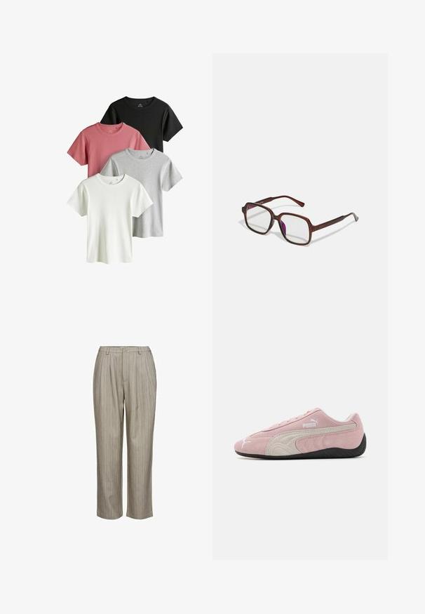 Vier effen korte mouwen crewneck t-shirts in zwart, stofroze, lichtgrijs en wit, overlappend op een witte achtergrond.; Lichtgrijze geplooide broek met verticale strepen, gemaakt van een textuurstof. Kenmerkt zich door een tailleband met een enkele knoop en een recht model.; Roze suedine sneaker met grijze accenten, gestroomlijnd ontwerp, textuur upper en zwarte rubberen zool. Kenmerkt het Puma-logo aan de zijkant.; Bruine, rechthoekige bril met transparante glazen en paarse tinten. Glad kunststof montuur met rechte pootjes en subtiele accenten.