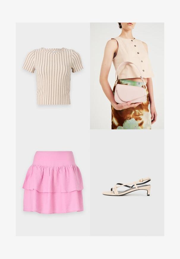 Top beje de manga curta com riscas horizontais em azul-marinho. Apresenta um decote redondo e uma textura ribada, oferecendo uma silhueta ajustada.; Saia em camadas rosa com um vasto cós elástico e duas rendas horizontais. Feita em tecido leve e suave. Textura lisa sem padrões.; Sandal de pele bege com tiras cruzadas, salto baixo e detalhes pretos. Textura suave e design minimalista.; Bolsa de mão rosa em pele com aba curva, alça única para o ombro e linhas limpas. A bolsa apresenta uma textura suave e um design minimalista.