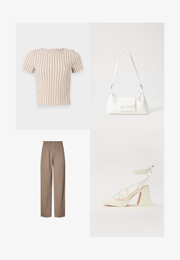 Beige short-sleeve top with horizontal navy stripes. Features a round neckline and ribbed texture, offering a fitted silhouette.; Pleated wide-leg pants in a light brown fabric with an elastic waistband, featuring vertical stripes for added texture and design.; White high-heeled sandal with a chunky heel, featuring a strappy design and ankle tie. Smooth texture with a platform front for added height.; White synthetic handbag with a triangular shape, flat front flap and bow detail, adjustable strap, smooth texture, and minimalistic design.