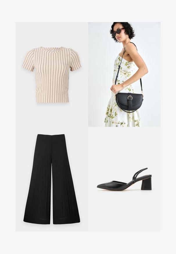 Beige kortermet topp med horisontale marineblå striper. Har rund halslinning og ribbet tekstur, som gir en tettsittende silhuett.; Svarte vide bukser laget av lett stoff. Har en flat linning og flytende materiale, med minimale sømdetaljer.; Sorte spisse slingback-sko laget av glatt lær, med lav blokkhelt og tynne stropper bak for sikker passform.; Svart lærveske med en buet form, avtagbar stropp og gullbeslag. Vesken har et klaff med spenne-detall.
