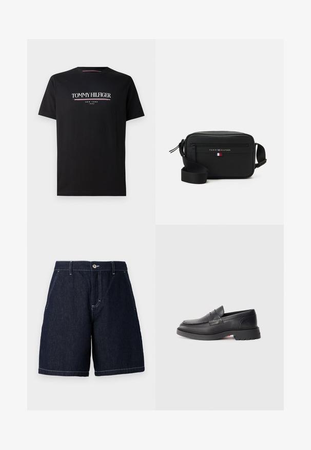 Fekete pamut póló, fehér és színes "TOMMY HILFIGER" logóval, alatta kisebb betűkkel "NEW YORK" és "1985" felirattal. Rövid ujjú, kerek nyakú.; Sötét denim rövidnadrág egyenes szabással. Gombos záródás, elülső zsebek és kontrasztos fehér varrás a széleken.; Fekete bőr loaferek, lekerekített orral, kiemelt varrással és vastag gumi talppal. Egyszerű dizájn, minimális márkázással az oldalon.; Fekete válltáska texturált anyagból, cipzáros rekesszel, állítható pánttal és háromszínű akcentussal ellátott logóval.