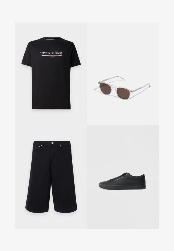 T-shirt en coton noir avec un logo blanc et coloré "TOMMY HILFIGER" avec "NEW YORK" et "1985" en texte plus petit en dessous. Manches courtes, col rond.; Shorts en denim noir à coupe droite, avec un bouton à l'avant, deux poches latérales et une texture lisse. Pas de motifs ni d'accents visibles.; Tommy Hilfiger VULC LOW - Baskets basses - triple black; Lunettes de soleil en plastique transparent avec des verres marron rectangulaires, dotées de branches fines et transparentes ainsi que d'accents en métal sur les tempes.