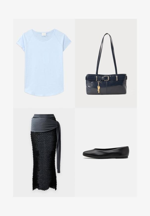 Vaaleansininen lyhythihainen T-paita, jossa on pyöreä pääntie, rento istuvuus ja kaareva helma. Valmistettu pehmeästä kankaasta, jossa on sileä rakenne.; Mustat teksturoidut hameet, joissa on sileä harmaa neulosvyötärö ja kietaisuyksityiskohta, joissa on tiukka siluetti ja kerrokselliset muotoiluelementit.; Paul Smith TOPANGA - Ballerinat - black; La handbagin sininen nahka, jossa on kaksi pitkää kahvaa, Buckle-yksityiskohta ja avaimenperä kiinnitettynä. Sen pinta on sileä ja muoto on suorakulmainen.