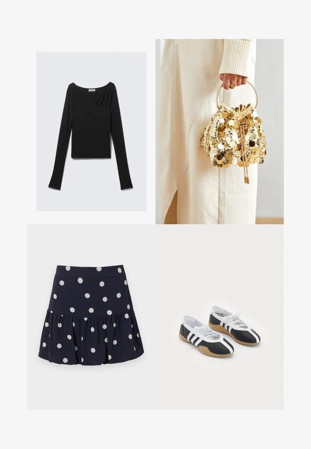 Čierny top s dlhými rukávmi vyrobený z mäkkej tkaniny, s drapovaným dizajnom a prekríženým predným dielom, doplnený o lodičkový výstrih. Hladká textúra, skrátená dĺžka.; Námořnická modrá skater sukně vyrobená z lehkého materiálu s vykrojeným lemem. Má velké bílé puntíky a elastický pas.; Čierne a biele športové topánky s elegantným dizajnom, gumovou podrážkou, šnurovaním a tromi bielymi prúžkami na bokoch.; Zlatá taška na šnurovanie so zaoblenou rukoväťou, zdobená lesklými okrúhlymi flitrami a texturovaným materiálom. Rozmery nie sú uvedené.