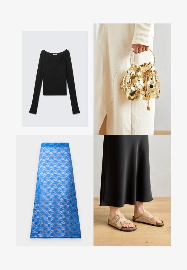 Must mustreppärane must püksita variant pehmest kangast, millel on drapeeritud disain, ristkülikukujuline eesmine osa ja laevapurske kaelus. Sile tekstuur, lühike pikkus.; Sinine pitsist maxi seelik, millel on läbipropa tekstuur, lilleline muster ja ühtlane sinine vöökoht. Voogab sujuvalt puusadest allapoole.; Heledad nahktaskud, millel on kaks reguleeritavat sangaga rihma, korkkreen ja kummitald, mille juurde on sobitatud must pikk seelik.; Kuldse sära ja paelaga kott ringikujulise käepidemega, millel on läikivad ümmargused sequins ja tekstureeritud kangas. Mõõtmed ei ole esitatud.