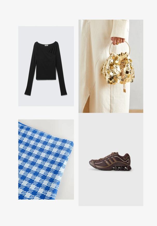 Schwarzes Langarm-Oberteil aus weichem Stoff, mit einem drapierten Design, das eine überlappende Front und einen U-Boot-Ausschnitt aufweist. Geschmeidige Textur, cropped Länge.; Blaues und hellblaues Hahnentritt-Muster auf Stoff mit strukturiertem Strickdesign, das eine glatte Oberfläche und ein weiches Aussehen aufweist.; Brauner Sportschuh mit Mesh- und Synthetik-Obermaterial, mit drei Streifen, detaillierter Steppnaht, dämpfender Sohle und charakteristischem federndem Absatz.; Goldfarbene Drawstring-Handtasche mit einem runden Griff, verziert mit glänzenden runden Pailletten und einem strukturierten Stoff. Abmessungen sind nicht angegeben.