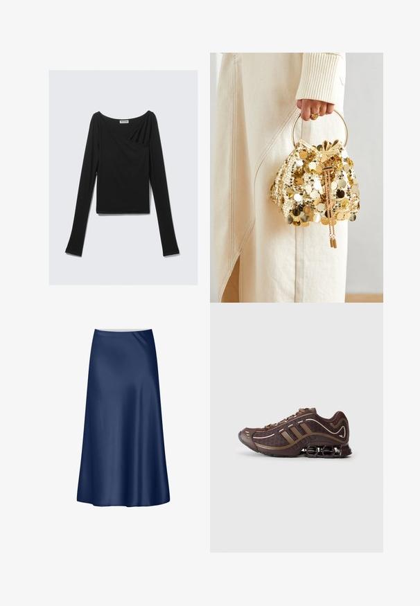 Juodas ilgomis rankovėmis viršus, pagamintas iš minkštos medžiagos, su drapiruotu dizainu, kryžminiu priekyje ir plačia iškirpte. Lygus paviršius, su trumpu ilgiu.; Tamsiai mėlynos satino A formos sijonas su lygiu paviršiumi, tekamu dizainu ir vidutinio ilgio kraštu. Yra švarus juosmuo be papildomų akcentų.; Ruda sportinė batų pora su tinklelio ir sintetinėmis medžiagomis, pasižyminti trimis juostelėmis, detaliu siuvimu, paminkštinta sola ir būdingu pavasarinio tipo kulnu.; Aukso blizgučių krepšys su virvelėmis ir apvaliu rankenėle, puikiai papildytas blizgučiais ir tekstūruotu audiniu. Išmatavimai nenurodyti.