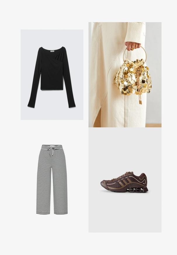 Schwarzes Langarm-Oberteil aus weichem Stoff, mit einem drapierten Design, das eine überlappende Front und einen U-Boot-Ausschnitt aufweist. Geschmeidige Textur, cropped Länge.; Schwarz-weiße gestreifte weite Hosen mit einem Kordelzugbund. Der Stoff wirkt weich und leicht und zeigt gleichmäßig verteilte horizontale Streifen.; Brauner Sportschuh mit Mesh- und Synthetik-Obermaterial, mit drei Streifen, detaillierter Steppnaht, dämpfender Sohle und charakteristischem federndem Absatz.; Goldfarbene Drawstring-Handtasche mit einem runden Griff, verziert mit glänzenden runden Pailletten und einem strukturierten Stoff. Abmessungen sind nicht angegeben.