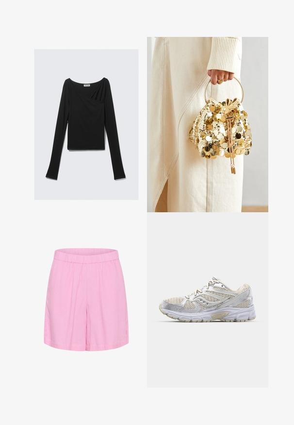 Melnas garās piedurknes tops, izgatavots no mīksta auduma, ar drapējuma dizainu un krustojošu priekšpusi, kā arī laivas formu ap kaklu. Gluda tekstūra, apgriezts garums.; Rozā kokvilnas šorti ar elastīgu jostu, kas izceļas ar brīvu piegriezumu un gludu tekstūru, piemēroti ikdienas valkāšanai.; Viegls skriešanas apavi ar balta acu auduma virsu ar sudraba akcentiem, mīkstu zoli un teksturētu gumijas zolīti labākai saķerei.; Zelta sekvīru zīmulis maisiņš ar apaļu rokturi, kas ir pārklāts ar spīdīgiem noapaļotiem sekvīriem un teksturētu audumu. Izmēri nav norādīti.