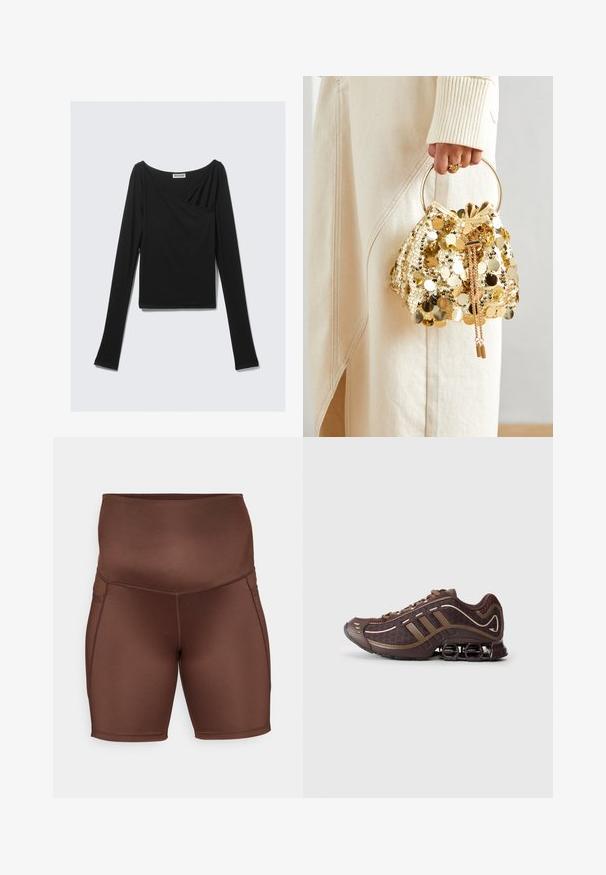 Top negro de manga larga hecho de un tejido suave, con un diseño drapeado y un escote barco en la parte delantera cruzada. Textura lisa, longitud corta.; Pantalones cortos deportivos marrones con una cintura alta, textura suave y costuras planas. El diseño presenta una forma ajustada y un corte a la altura de la rodilla.; Zapatilla deportiva marrón con parte superior de malla y sintético, presenta tres franjas, costuras detalladas, suela acolchada y un característico talón elástico.; Bolso de drawstring de lentejuelas doradas con un asa circular, que presenta brillantes lentejuelas redondas y una tela texturizada. No se proporcionan dimensiones.