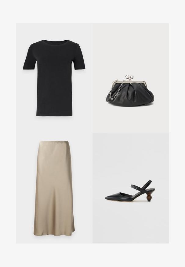 Čierne tričko s krátkym rukávom vyrobené z jemného bavlneného materiálu, s okrúhlym výstrihom a klasickým strihom. Hladká textúra, bez vzorov alebo dekoratívnych prvkov.; Saténová midi sukňa vo svetlej béžovej farbe s elastickým pásom, hladkou textúrou a voľným A-čkovým strihom. Bez viditeľných vzorov alebo kovania.; Čierna kožená slingback obuv s špicatou špičkou, zakriveným dizajnom a okrúhlou drevokatou pätou. Obsahuje úzky popruh okolo členka.; Čierna kožená kabelka s vrúbkovou textúrou, strieborným kovovým rámom, uzáverom na pobozkanie a retiazkou na nosenie. Hladký, jemný povrch.