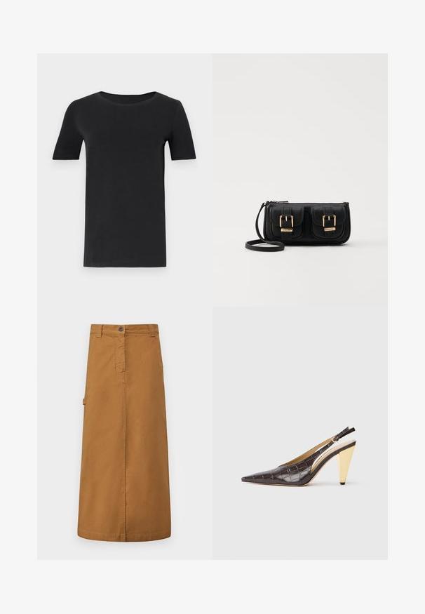 Must must valmistatud pehmest puuvillast, lühikeste varrukatega, ümmarguse kaelusega ja klassikalise lõikega. Sile tekstuur, ilma mustrite või kaunistusteta.; Pruun puuvillane midi-seelik, millel on ees nuppude sulgemine, vöökohad ja küljetaskud. Sile tekstuur ja sirge lõike disain.; Kitsas varbaga slingback konts tumepruunis läikivas kunstkrokodillinahast. Omab kuldse tooni geomeetrilist kontsa ja reguleeritavat pahkluu rihma.; Must küllastamata nahast õlakott, millel on kaks esist nähtavat taskut, kuldsed pandlad, tõmblukuga sulgemine ja peen rihm. Tekstuuriga pind ja kompaktne ristkülikukujuline kuju.