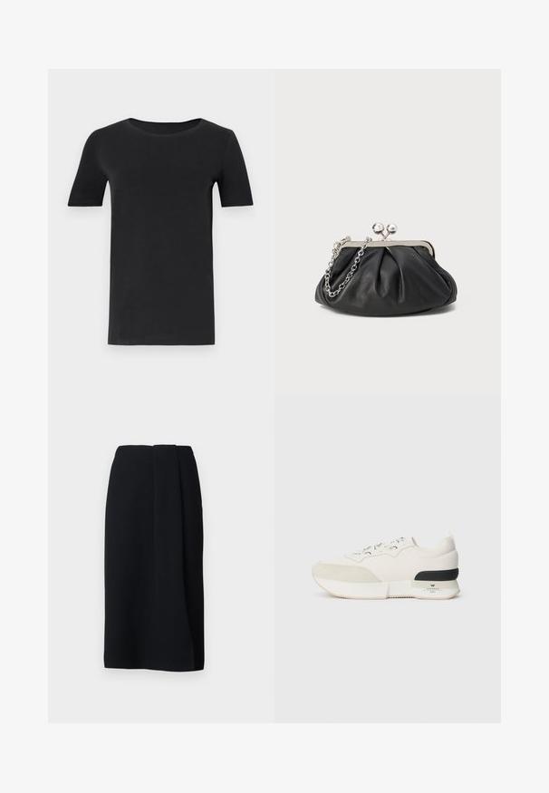 Svart kortermet t-skjorte laget av myk bomull, med rund hals og en klassisk passform. Glatt tekstur, uten mønstre eller dekorasjoner.; WEEKEND MaxMara DEBORAH - Blyantskjørt - nero; Hvite sneakers med en teksturert ser ut som en suede tåhette, glatt mesh-overdel, dekorative snørebånd og en svart gummihælaccent.; Svart lær clutch med samlet tekstur, sølvfarget metallramme, smekklås og kjedehank. Glatt, myk overflate.