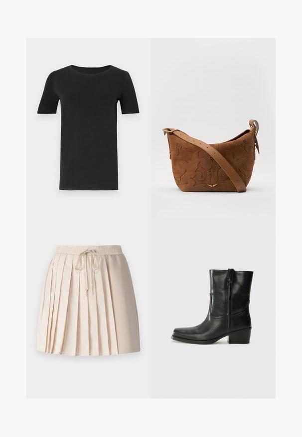Zwarte t-shirt met korte mouwen van zacht katoen, met een ronde hals en een klassieke pasvorm. Soepele textuur, geen patronen of versieringen.; Plissé rok in lichtbeige, vervaardigd uit zachte stof. Beschikt over een elastische tailleband met een trekkoord en verticale plooien voor textuur.; Zwarte leren enkellaars met een ronde neus, blokhak, zijrits en stikselaccenten op de wreef. Gladde textuur, klassiek ontwerp.; Bruine suède schoudertas met een geperst bloemmotief, aangevuld met een gladde bruin leren schouderband en accenten in goudkleurig metaal.