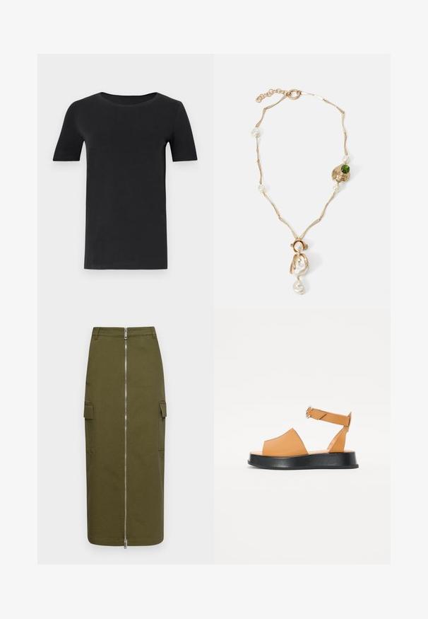 Črna kratka majica s kratkimi rokavi, izdelana iz mehkega bombaža, z okroglo ovratnico in klasičnim krojem. Gladka tekstura, brez vzorcev ali okraskov.; Vojska zelena kratak suknja od mješavine pamuka, središnjim zatvaračem na rajsferšlus i dva bočna džepa za dodatnu korisnost.; Svetlosmeđi kožni sandali s širokim prednjim dijelom, otvorenim prstima, podesivom trakom i debelim crnim platformastim potplatom. Glatka tekstura i minimalistički dizajn.; Zlatotona ogrlica s uvrnutim karikama, bijelim biserima i zelenim kamenim akcentom. Sadrži složene detalje i kopču za zatvaranje.