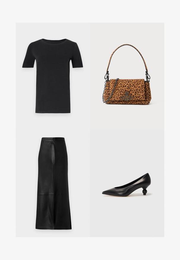 Schwarzes T-Shirt mit kurzen Ärmeln aus weicher Baumwolle, mit rundem Halsausschnitt und klassischer Passform. Glatte Textur, ohne Muster oder Verzierungen.; Schwarzer Lederrock mit gerader Silhouette, ausgestattet mit einer Rückenschlitz, glatter Textur und sichtbaren Nahtdetails.; Schwarze Leder-Pumps mit spitzem Zehenbereich und runder, ballförmiger Ferse. Glatte Textur mit einem eleganten, minimalistischen Design.; Tasche im Leopardenmuster aus Wildleder mit kurzem Tragegriff, einer Kettenriemen und einem schwarzen Hardware-Verschluss. Rechteckige Form mit Klappenverschluss.