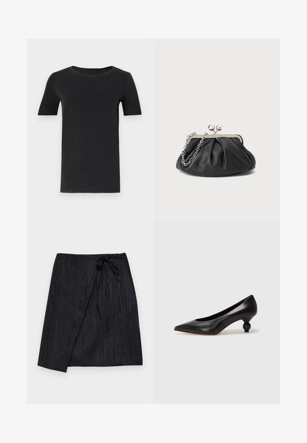 Svart kortärmad t-shirt i mjuk bomull, med rund halsringning och klassisk passform. Slät textur, inga mönster eller dekorationer.; Svart omslagskjol med ett texturerat träfibrmönster, med en knytning i midjan och en rak silhuett.; Svart läderhögklackad sko med spetsig tå och rund, bollformad klack. Slät yta med en elegant, minimalistisk design.; Svart läderclutch med rynkad struktur, silverfärgad metallram, lås med kysslås och kedjesnodd. Slät, mjuk yta.