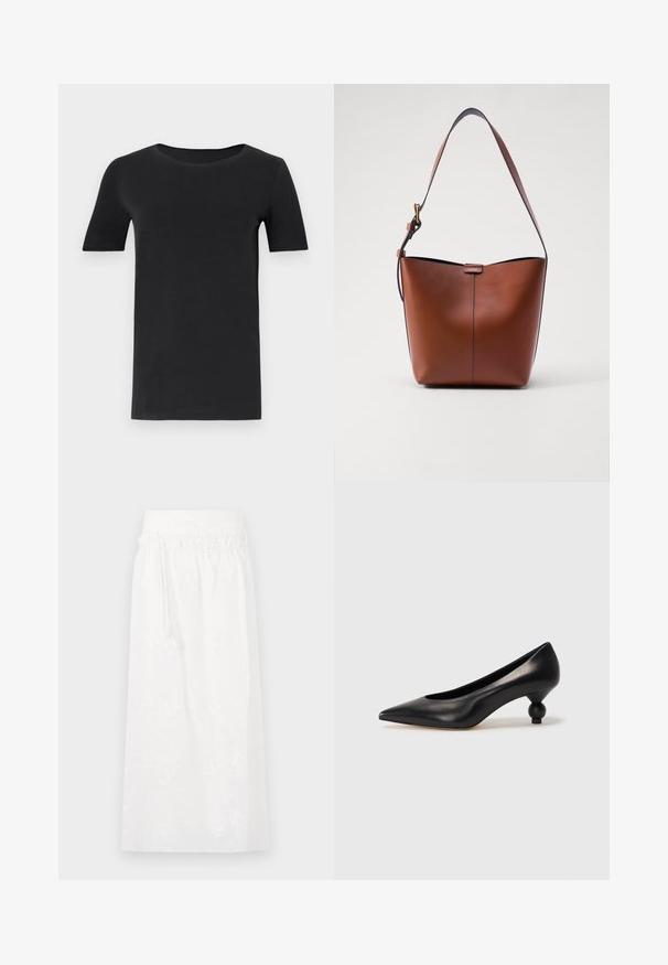 Sort kortærmet t-shirt lavet af blød bomuld, med rund hals og klassisk pasform. Glat tekstur, ingen mønstre eller pynt.; Hvid maxi nederdel med elastisk talje, diskret blomsterbroderi og et let flydende design. Fremstillet af letvægtsstof.; Sort læder høje hæle med spids tå og rund, kugleformet hæl. Glat tekstur med et stilrent, minimalistisk design.; Brun læder skuldertaske med en buet form, glat tekstur og en enkelt tynd rem. Har en diskret søm og et lille logodesign.
