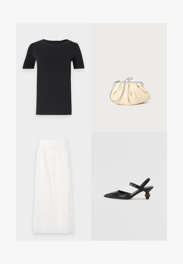 Čierne tričko s krátkym rukávom vyrobené z jemného bavlneného materiálu, s okrúhlym výstrihom a klasickým strihom. Hladká textúra, bez vzorov alebo dekoratívnych prvkov.; Biely maxi sukňa s elastickým pásom, subtílnou kvetinovou výšivkou a splývavým strihom. Vyrobená z ľahkej tkaniny.; Čierna kožená slingback obuv s špicatou špičkou, zakriveným dizajnom a okrúhlou drevokatou pätou. Obsahuje úzky popruh okolo členka.; Zhlý béžový kožený klobúk so strieborným kovovým rámom, ktorý má dve okrúhle dekoratívne zámky a strieborný reťazový popruh.