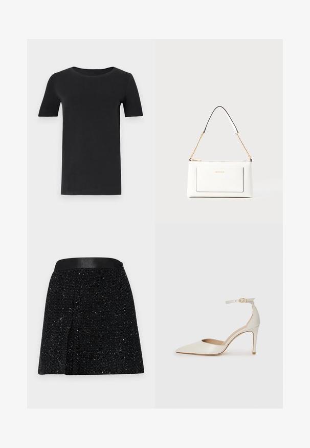 Čierne tričko s krátkym rukávom vyrobené z jemného bavlneného materiálu, s okrúhlym výstrihom a klasickým strihom. Hladká textúra, bez vzorov alebo dekoratívnych prvkov.; Čierna tweedová sukňa s textúrovaným povrchom, rozšíreným strihom a hladkým čiernym pásom. Obsahuje jemné metalické vlákna.; Biele kožené topánky na vysokom podpätku s špicatou špičkou, remienkom okolo členka a štíhlym stiletto podpätkom. Hladký povrch s jemným lesklým povrchom.; Biele kožené kabelka s textúrovaným povrchom, ktorá má zlatý retiazkový popruh a čierne akcenty. Obsahuje prednú kapsu a zipsové zapínanie.