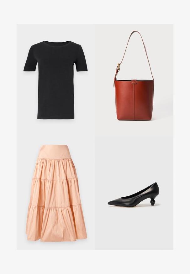 Tricou negru cu mânecă scurtă, confecționat din bumbac moale, cu un gât rotund și o croială clasică. Textură netedă, fără modele sau broderii.; Fustă în nuanță de piersici, cu straturi, realizată dintr-un material ușor. Prezintă un brâu lat și o textură moale, plisată pe toată suprafața.; Pantofii cu toc înalt din piele neagră, cu vârf ascuțit și toc rotund, mimos. Textură netedă, cu un design elegant și minimalist.; Geantă de mână din piele maro, cu m解除at la umăr reglabil și cataramă aurie, detaliu simplu cu cusătura verticală pe față.