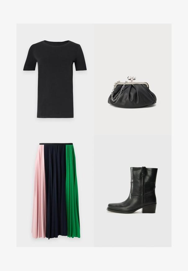 Fekete, rövid ujjú póló, puha pamutból készült, kerek nyakkivágással és klasszikus szabással. Sima textúra, minta vagy díszítés nélkül.; Fellős szoknya rózsaszín, tengerészkék és zöld panelekből. Puha anyagból készült, rugalmas derékrésszel a kényelmes illeszkedés érdekében.; Fekete bőr bokacsizma lekerekített orral, blokk sarkúval, oldalsó cipzárral és varrásos díszítéssel az elején. Simább textúra, klasszikus dizájn.; Fekete bőr táska ráncolt textúrával, ezüst színű fémszerkezettel, csattal záródó fedéllel és láncos pánttal. Simító, puha felület.