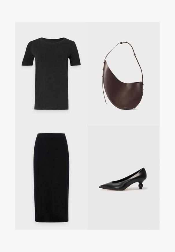 Zwarte t-shirt met korte mouwen van zacht katoen, met een ronde hals en een klassieke pasvorm. Soepele textuur, geen patronen of versieringen.; Zwarte kokerrok met een gladde stoftextuur, getailleerd ontwerp en een lengte tot de knie. Voorzien van een naadloze tailleband voor een nette afwerking.; Zwarte leren hoge hak schoen met een spitse neus en een ronde, bolle hak. Gladde textuur met een elegant, minimalistisch ontwerp.; Bruine leren handtas met een gebogen vorm, enkele schouderband en minimalistisch ontwerp. Heeft een subtiel logo en gouden hardware accenten.