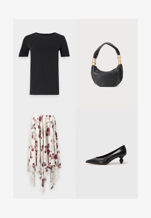 Camiseta de manga corta negra hecha de algodón suave, con un cuello redondo y un corte clásico. Textura suave, sin patrones ni adornos.; Falda de dobladillo en forma de pañuelo blanca con estampado floral acuarelado en color burdeos, gris y naranja, con cinturilla elástica.; Zapato de tacón alto de cuero negro con puntera afilada y un tacón redondeado y abombado. Textura suave con un diseño elegante y minimalista.; Bolso de mano de cuero negro con forma redonda, textura suave y un asa anudada que cuenta con acentos de hardware en tono dorado. Cierre con cremallera.