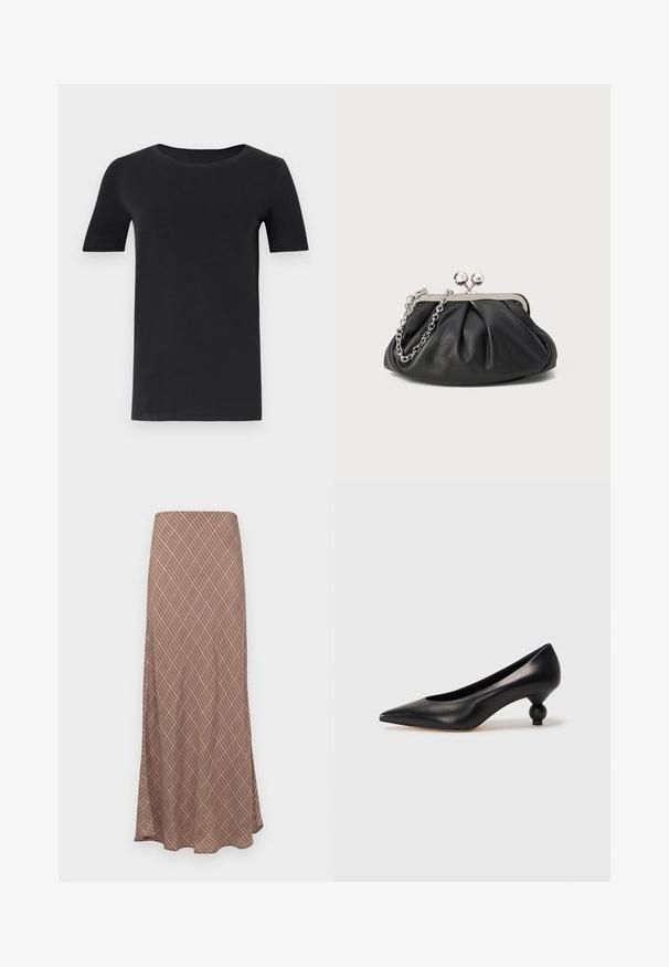 T-shirt nera a maniche corte realizzata in cotone morbido, con scollatura rotonda e vestibilità classica. Texture liscia, senza fantasie o decorazioni.; Gonna lunga svasata con un motivo geometrico marrone, caratterizzata da una texture liscia e una vita elastica per il massimo comfort.; Scarpa con tacco alto in pelle nera, con punta affilata e tacco arrotondato e bombato. Texture liscia con un design elegante e minimalista.; Clutch in pelle nera con texture arricciata, cornice in metallo color argento, chiusura a scatto e tracolla a catena. Superficie liscia e morbida.